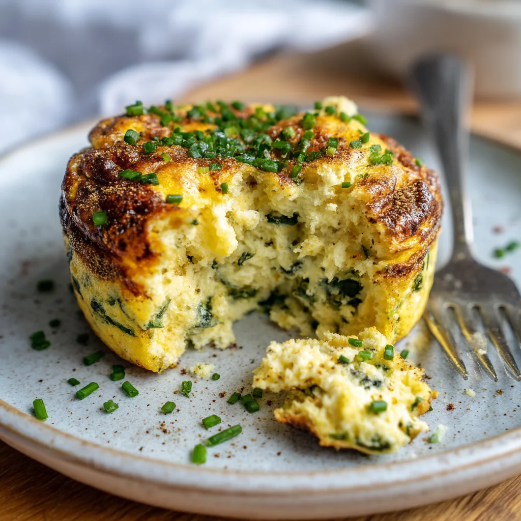 golden veggie protein egg bites with melted cheese and fresh herbs in white ceramic dish