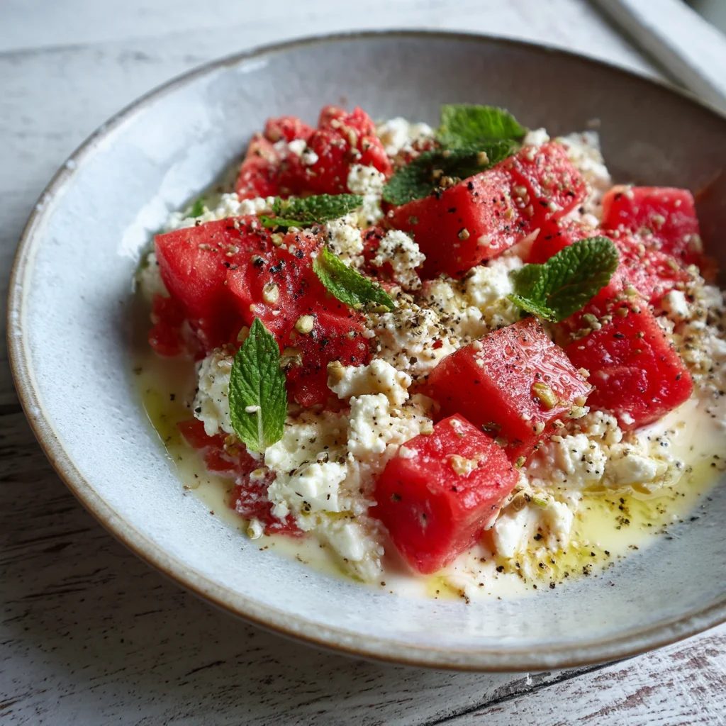 watermelon feta cottage cheese breakfast bowl with fresh mint garnish, vibrant colors, creamy texture
