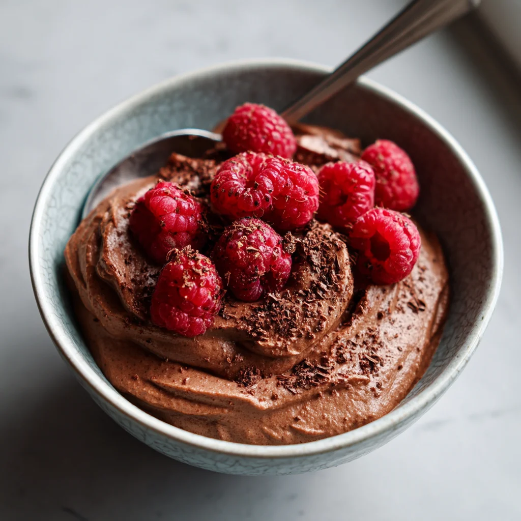 creamy chocolate protein mousse in white ceramic dish with glossy texture and fresh toppings