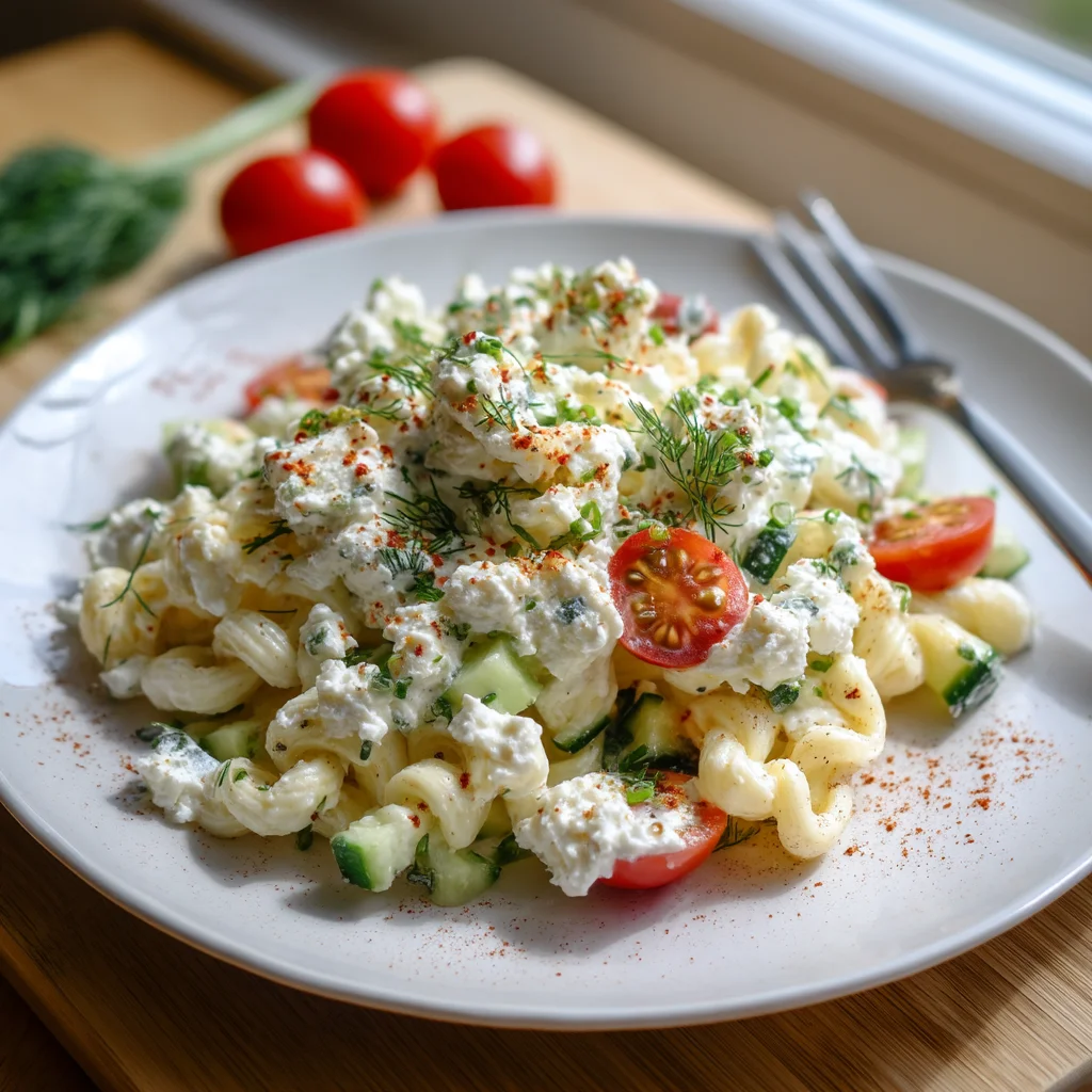 creamy cold cottage cheese pasta salad with fresh herbs and colorful veggies in a white bowl