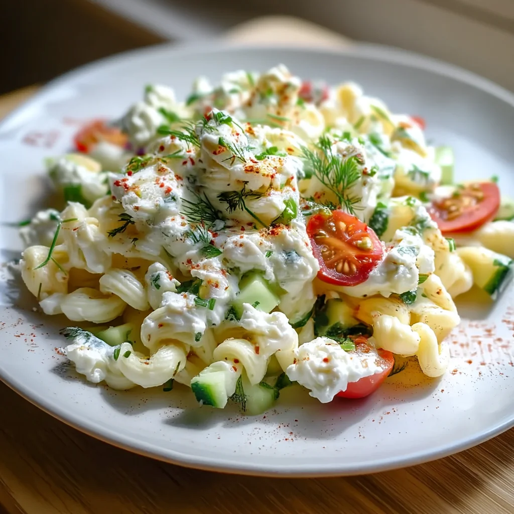 creamy cold cottage cheese pasta salad with fresh herbs and colorful veggies in a white bowl