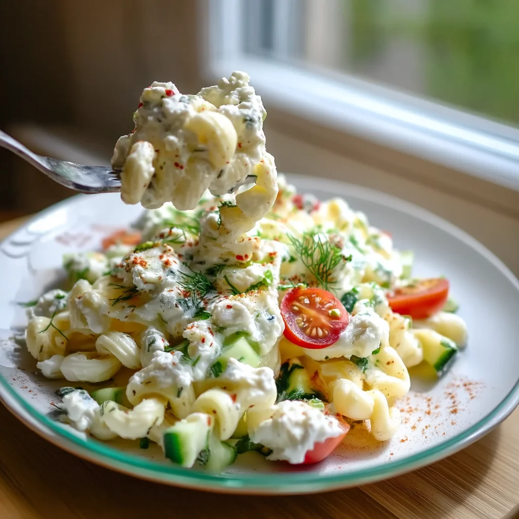 creamy cold cottage cheese pasta salad with fresh herbs and colorful veggies in a white bowl