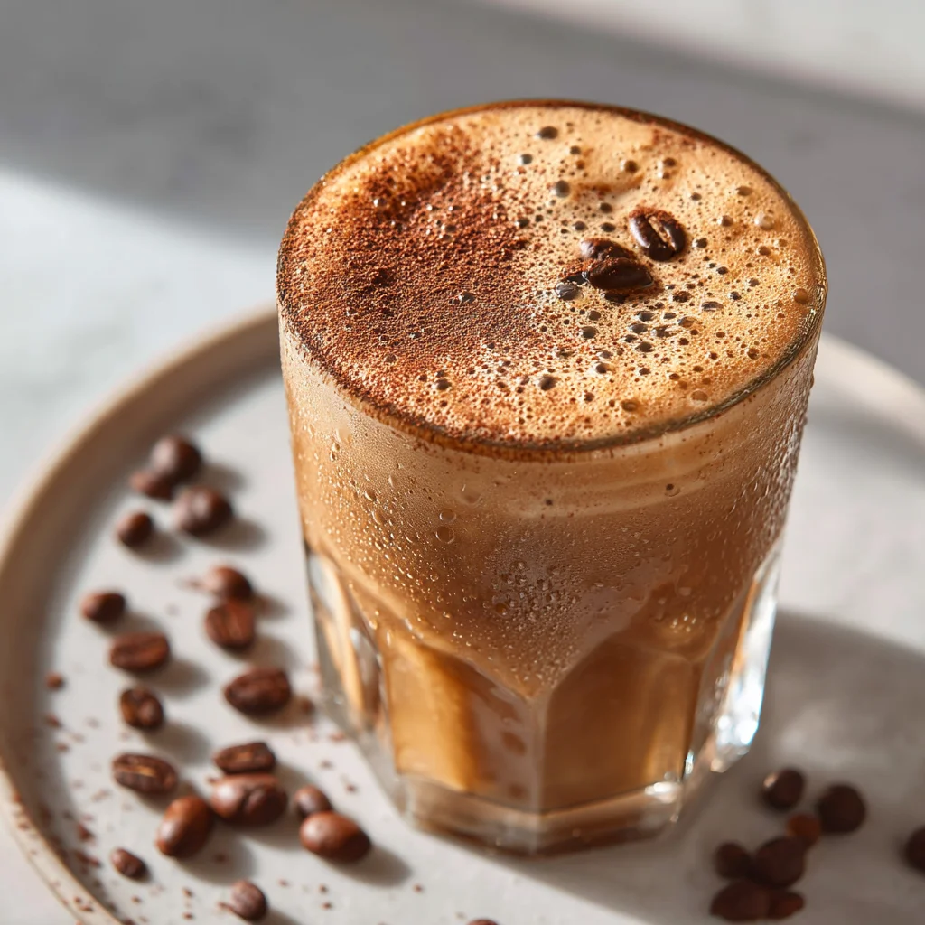 creamy iced protein latte in a clear glass with golden espresso swirls, topped with frothy milk foam