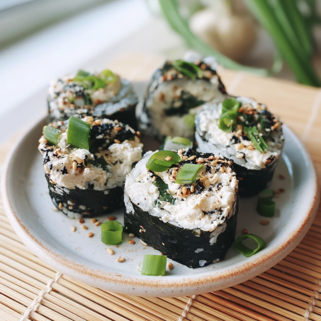 close-up of golden cottage cheese sushi rolls with vibrant fillings, glossy sauce drizzle, and fresh herb garnish