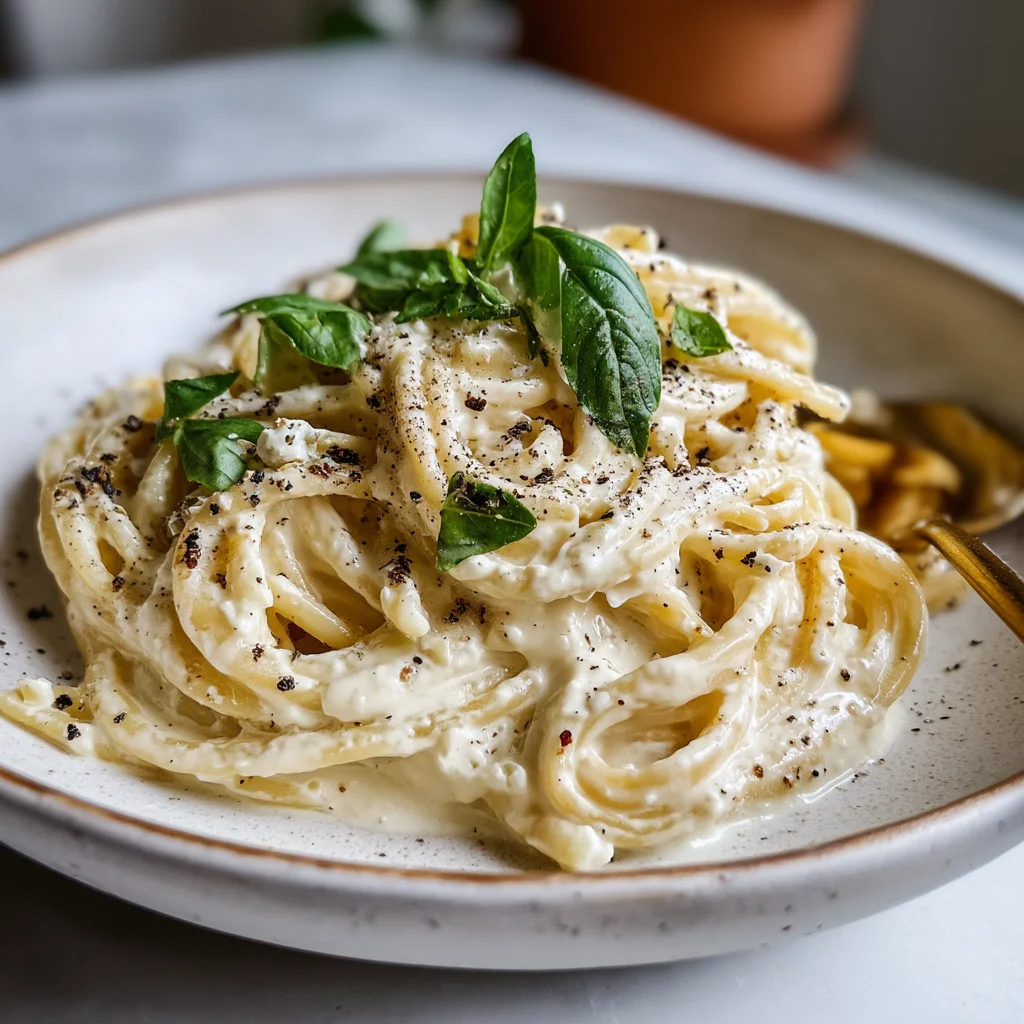 creamy cottage cheese pasta sauce with glossy texture, golden roasted edges, and fresh herbs sprinkled on top
