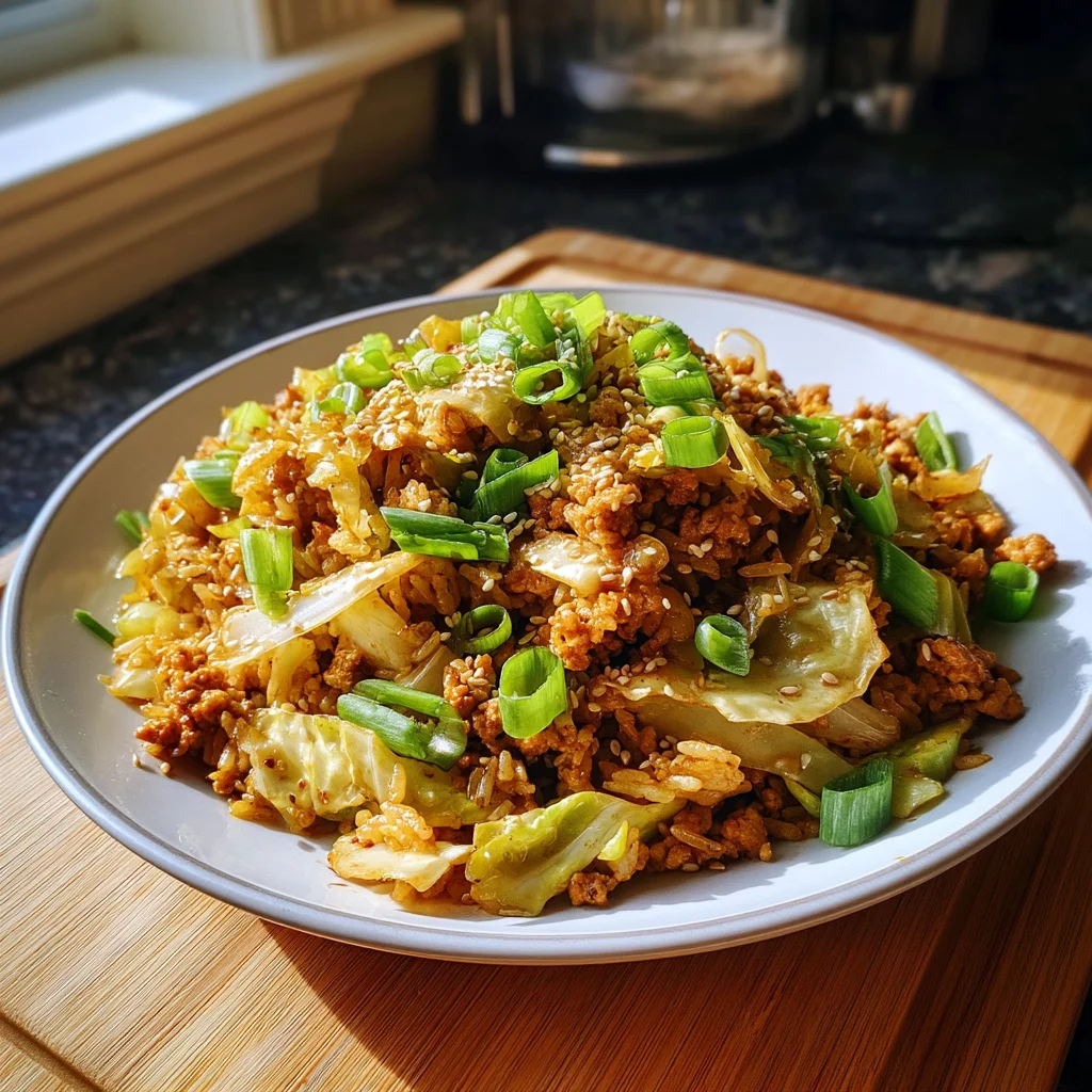 golden ground turkey cabbage fried rice with visible sesame oil glaze and fresh green onions