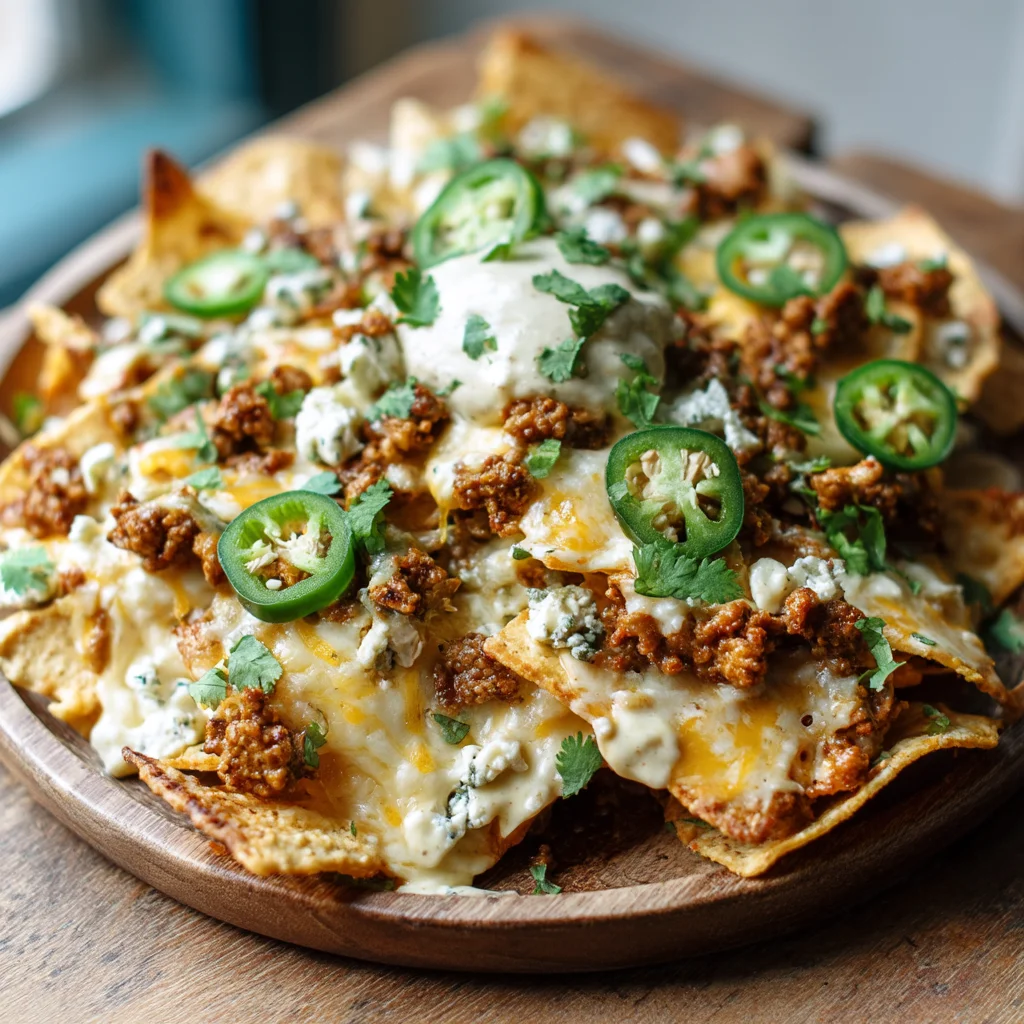golden tortilla chips topped with seasoned ground turkey, creamy cottage cheese, melted cheddar, and fresh garnishes