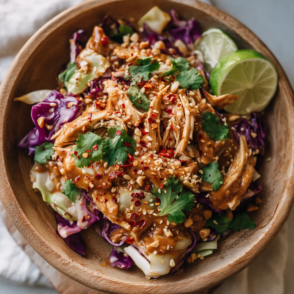 creamy thai peanut cabbage chicken bowls with crunchy vegetables and glossy peanut sauce in a white bowl